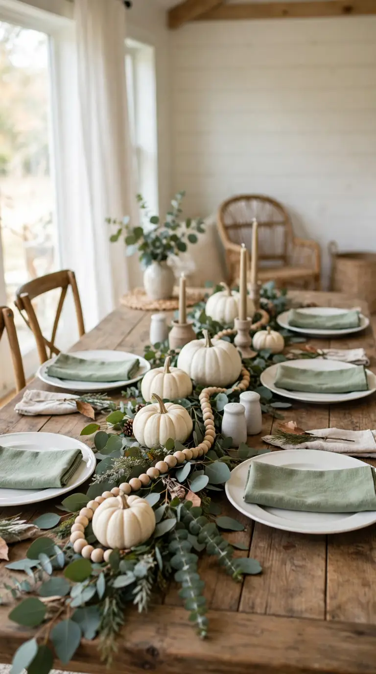 Farmhouse Thanksgiving table with white pumpkins, sage green napkins, and eucalyptus garland