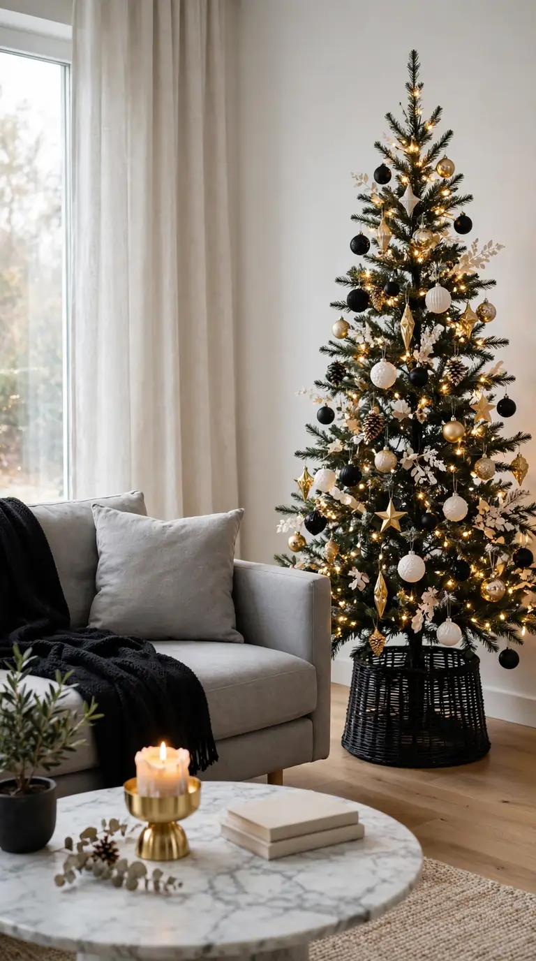 Modern monochrome christmas living room decor with black white gold tree