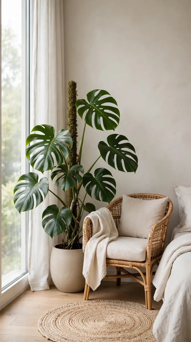 Large monstera plant in bedroom corner next to rattan armchair
