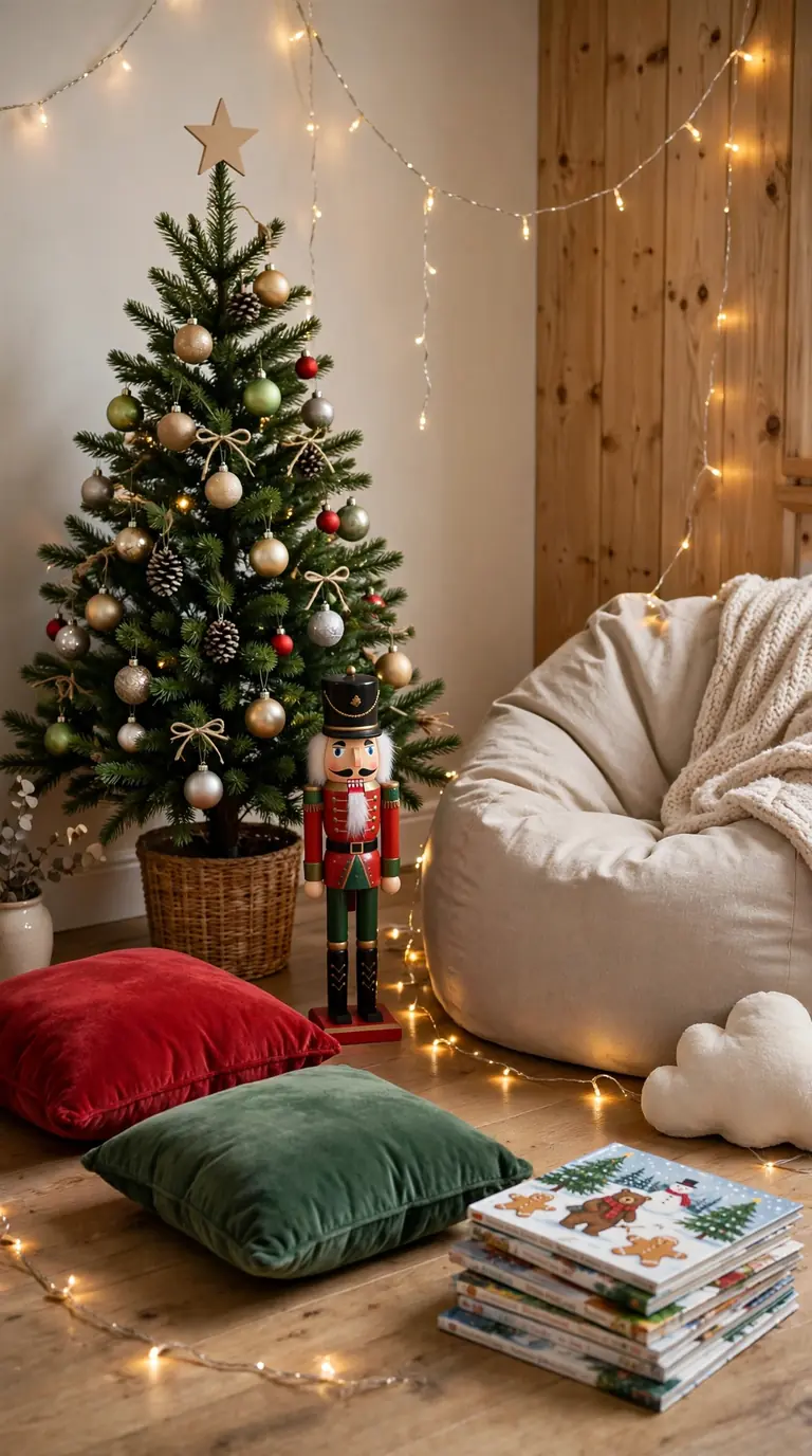 Small kids Christmas tree with a nutcracker soldier, floor cushions and fairy lights in a cozy reading corner