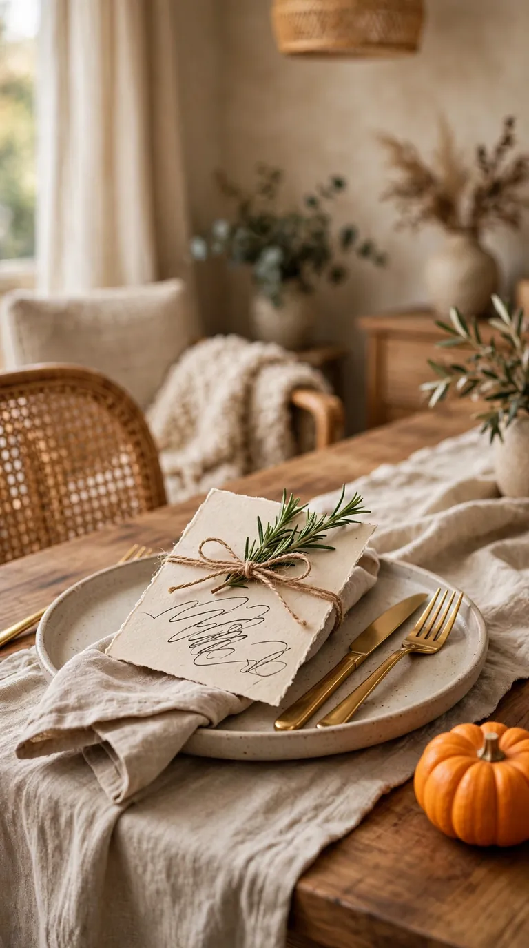 Thanksgiving place card tied with twine and rosemary beside a mini pumpkin
