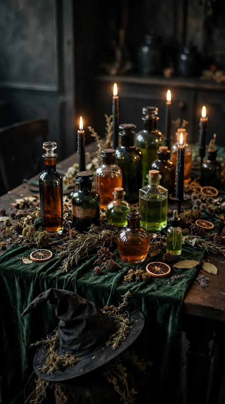 Witchy Halloween dinner party table with potion bottles, green velvet runner and black candles