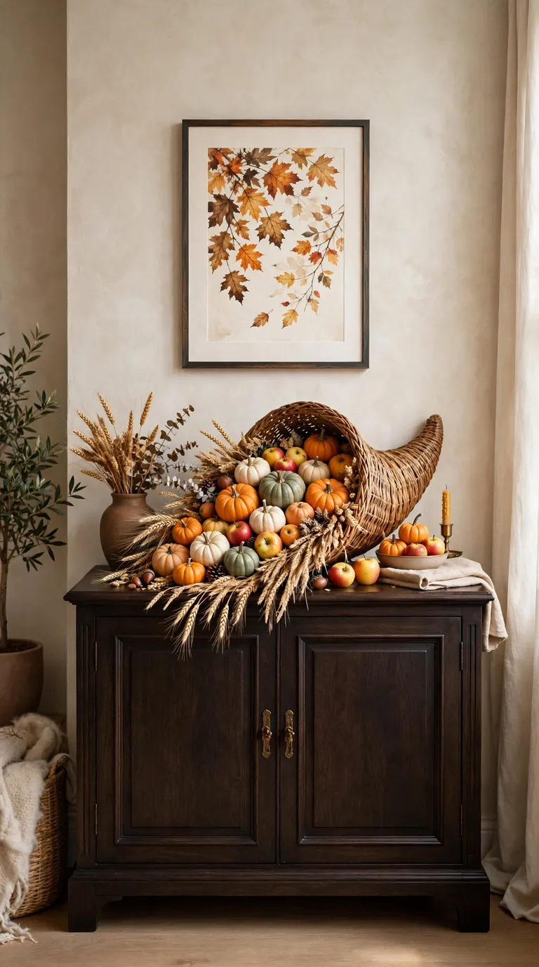 Wicker cornucopia filled with mini pumpkins and wheat on a dining room sideboard