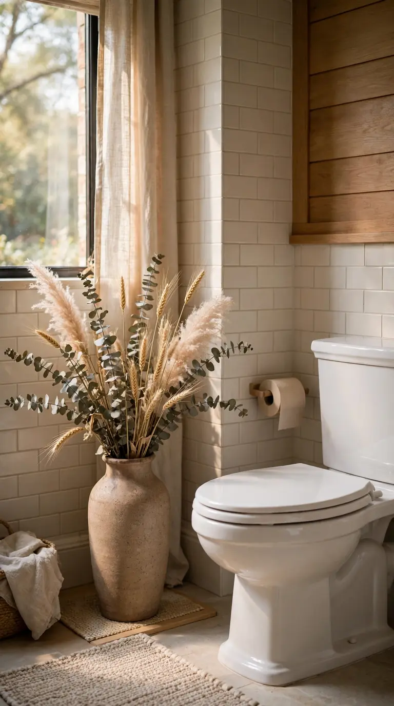 15 Thanksgiving Bathroom Decor Ideas for a Warm Festive Welcome Tall vase of dried eucalyptus and wheat stems in a Thanksgiving bathroom corner