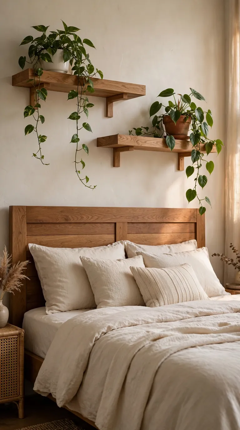 Floating wooden shelves with trailing plants mounted above bed headboard