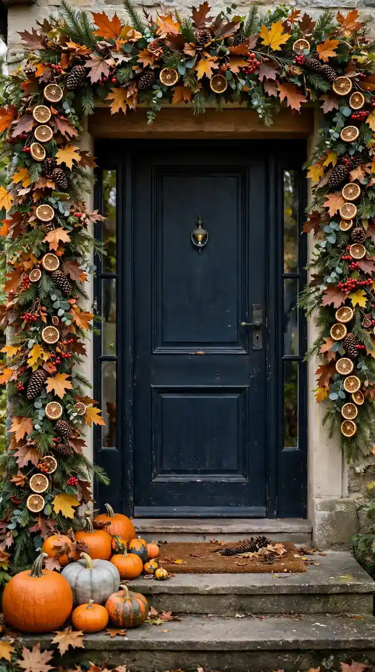 Autumn foliage garland with pinecones framing a front doorway for Thanksgiving