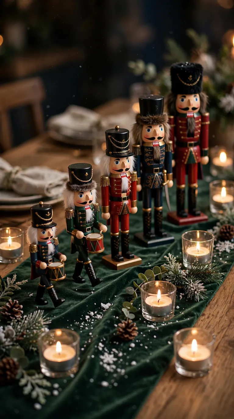 Row of small nutcracker figures down the center of a dining table with candles and pinecones