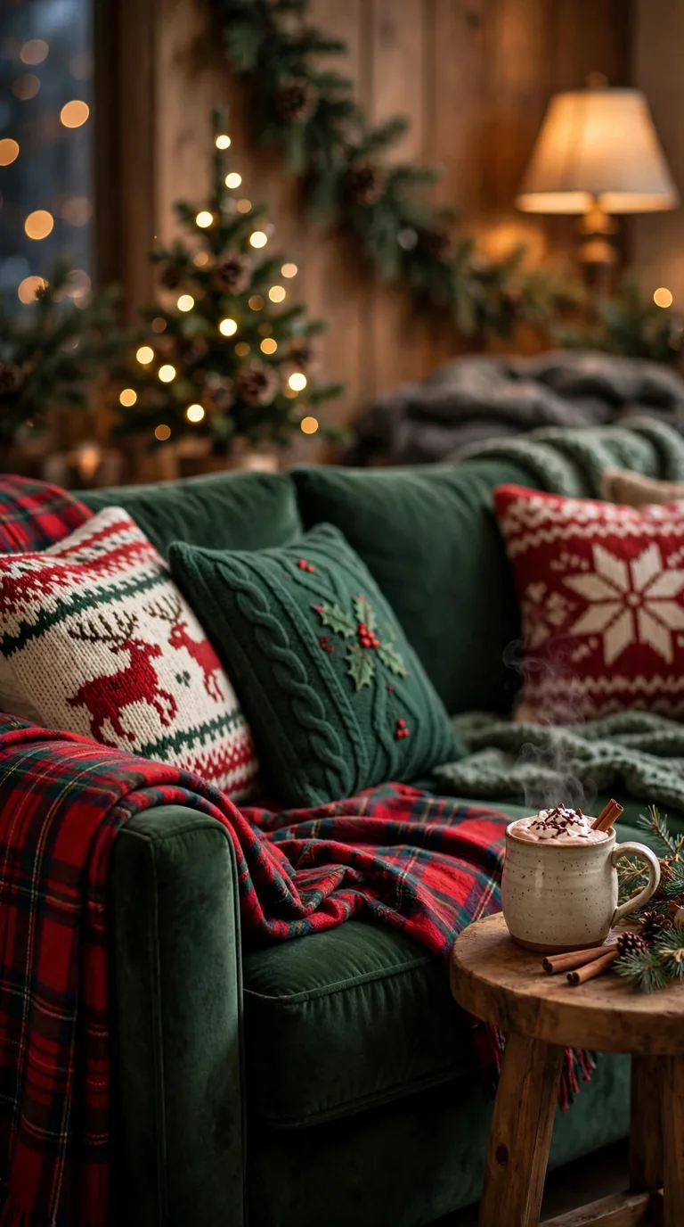 Plaid flannel throws on green sofa, cozy christmas living room decor