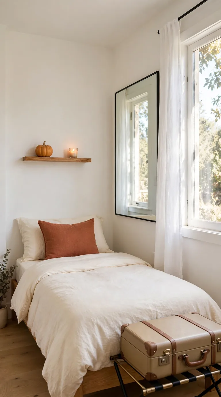 Small guest room with light bedding, rust cushion, and slim luggage rack