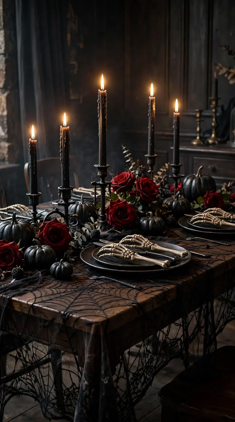 Halloween tablescape with black spiderweb lace tablecloth, black candles and skeleton flatware