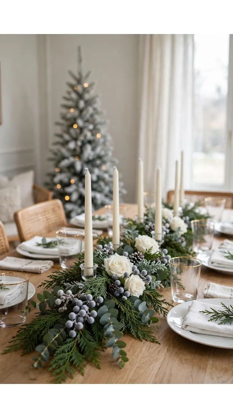 Christmas dining table with white and green botanical garland, white flowers and candles