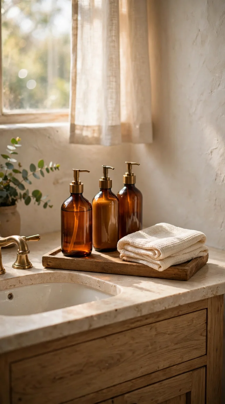15 Thanksgiving Bathroom Decor Ideas for a Warm Festive Welcome Amber glass soap dispenser set on a wooden tray in a Thanksgiving bathroom