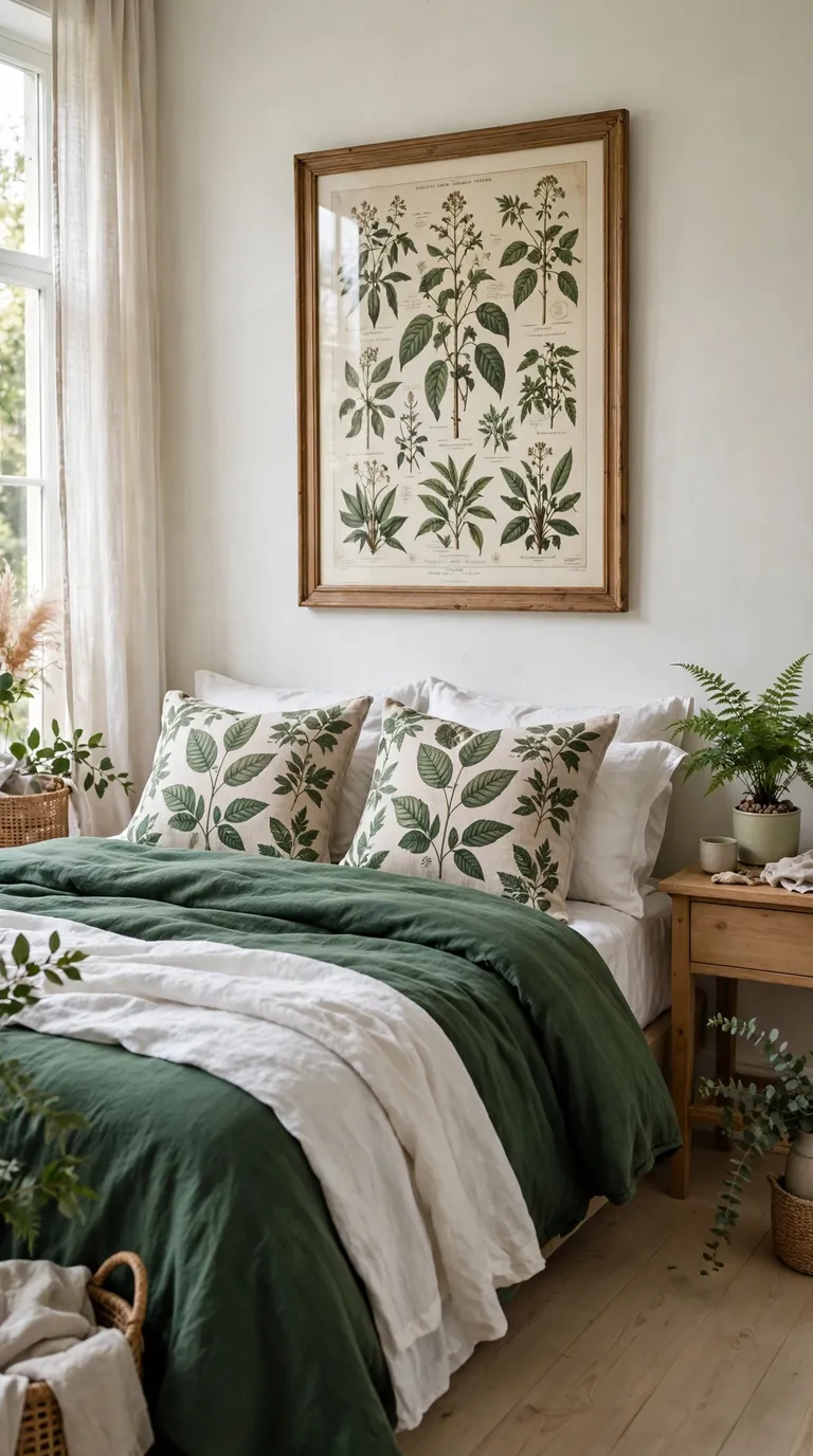 Bedroom with green botanical bedding, leaf print pillows and potted fern