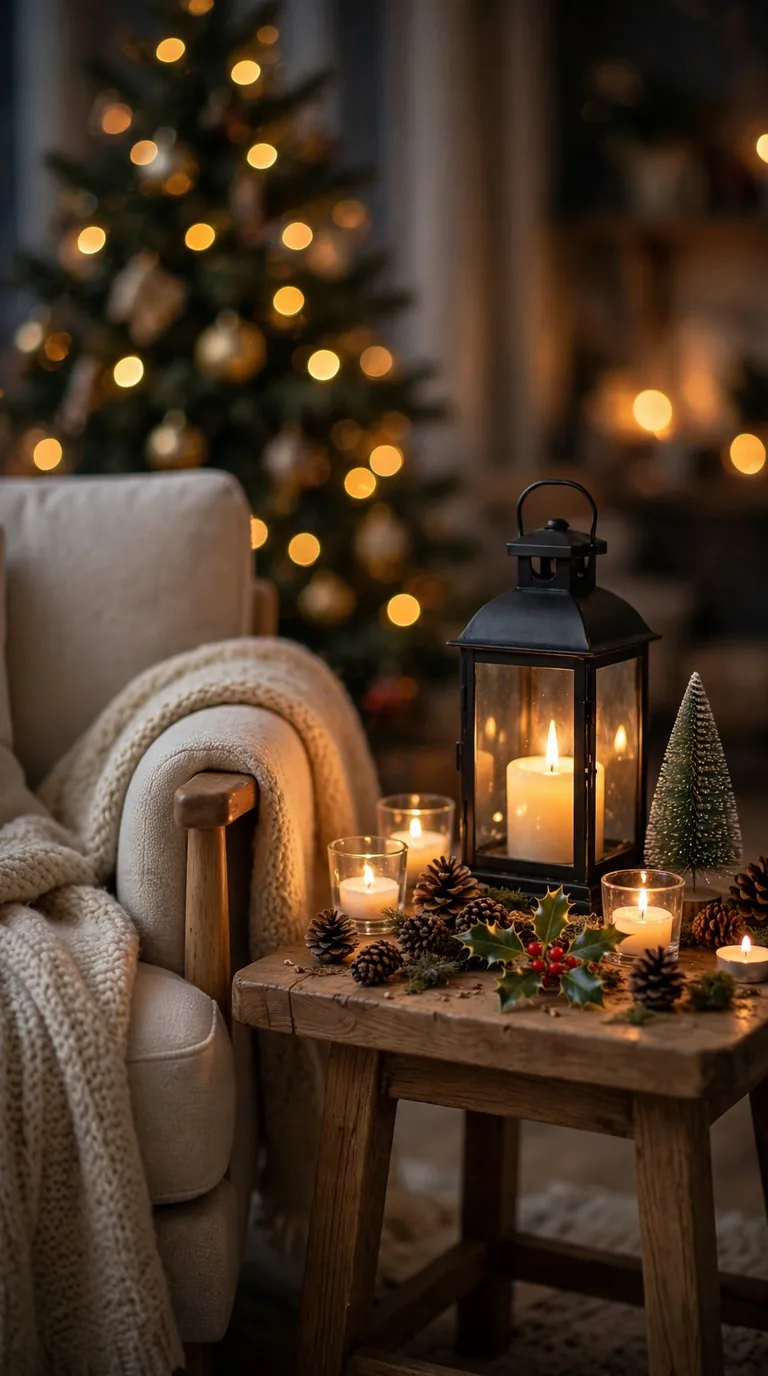 Candlelight lantern vignette in christmas living room decor