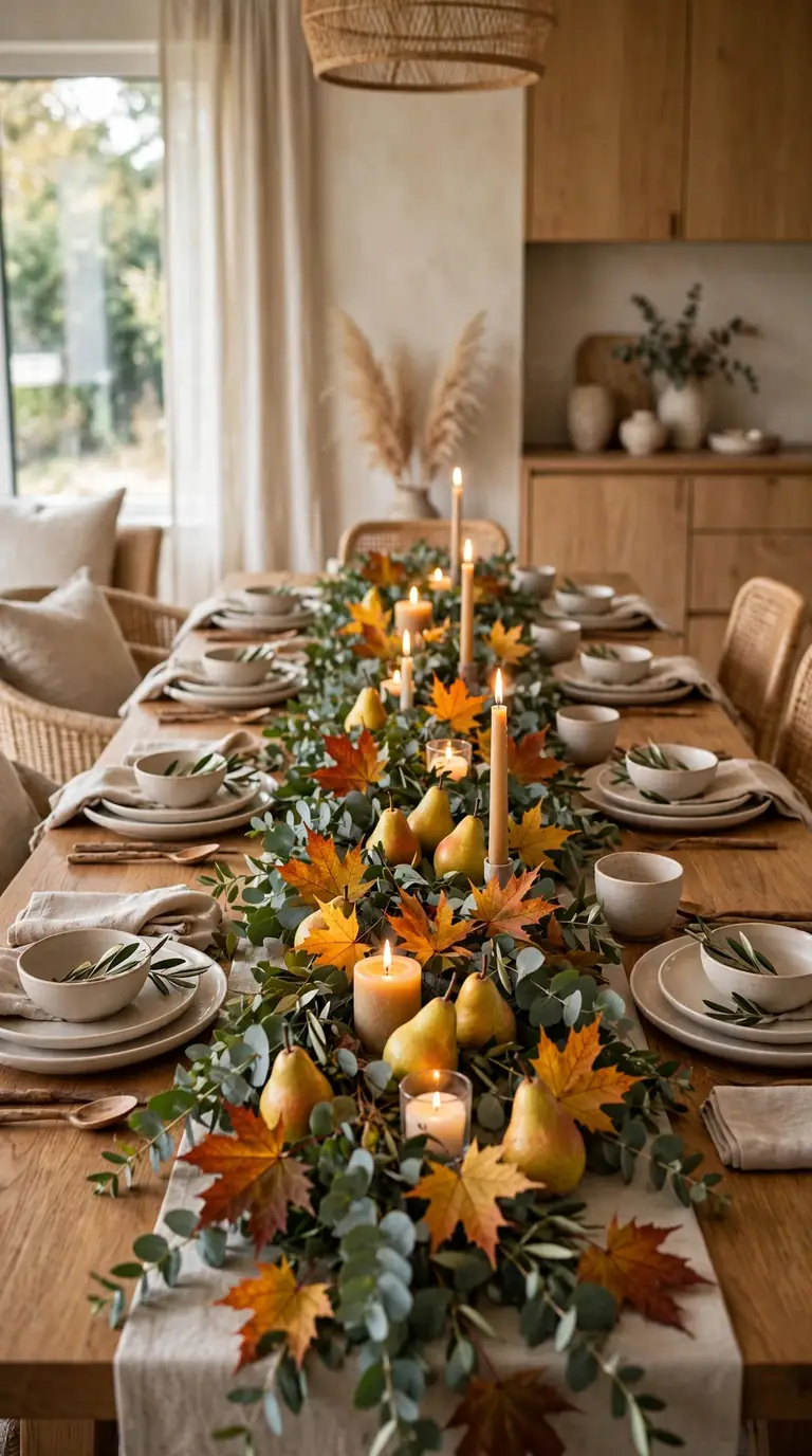 Fall foliage garland with candles and pears running down a dining table