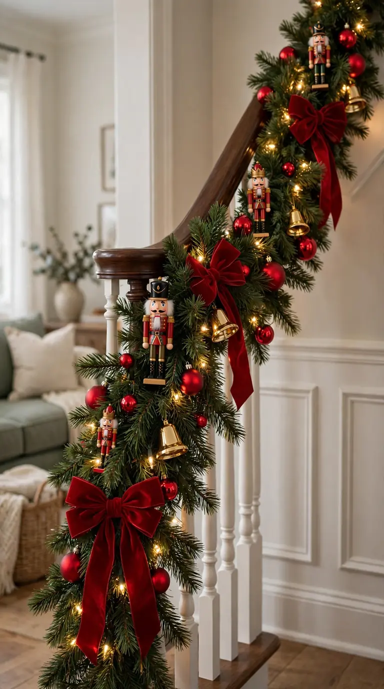 Staircase banister wrapped in pine garland with mini nutcracker ornaments, velvet bows and warm lights