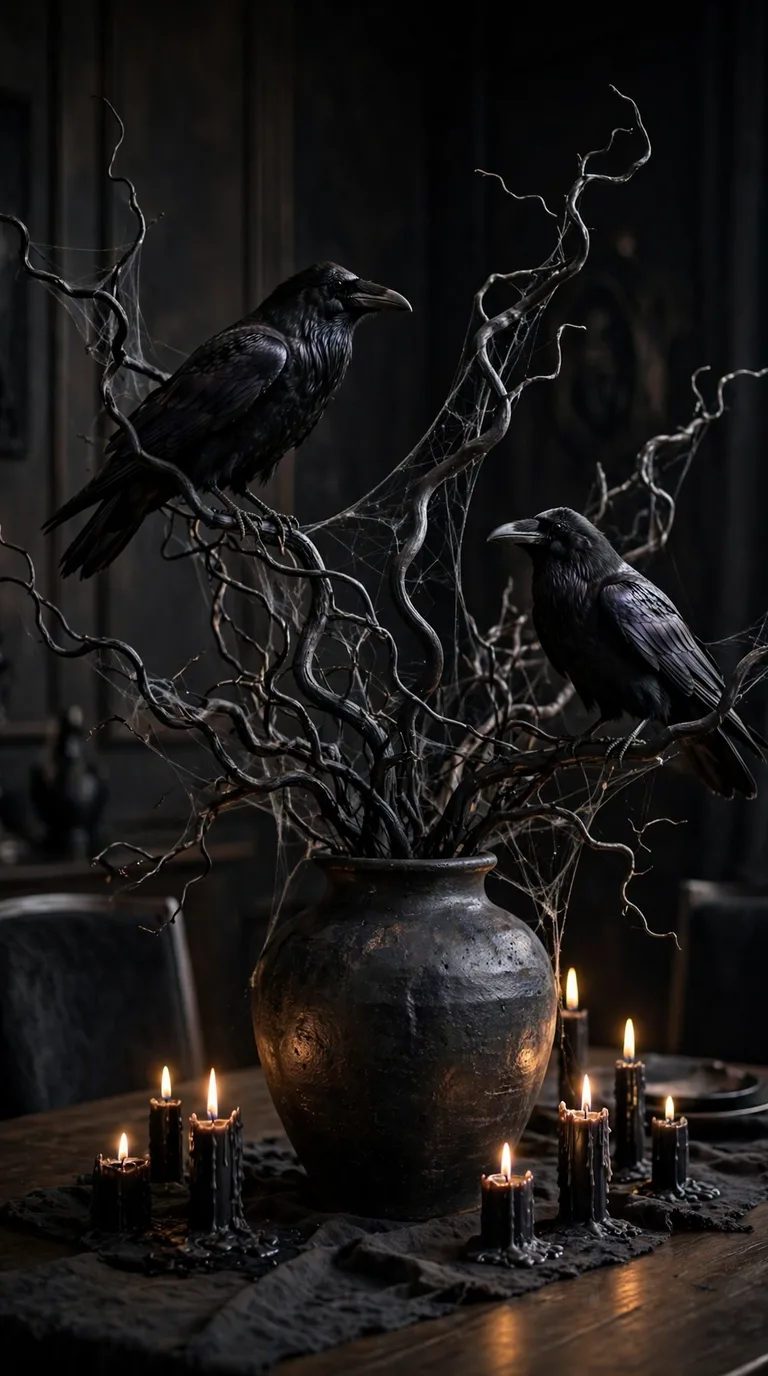 Haunted dining room centrepiece with faux ravens on twisted black branches and cobwebs