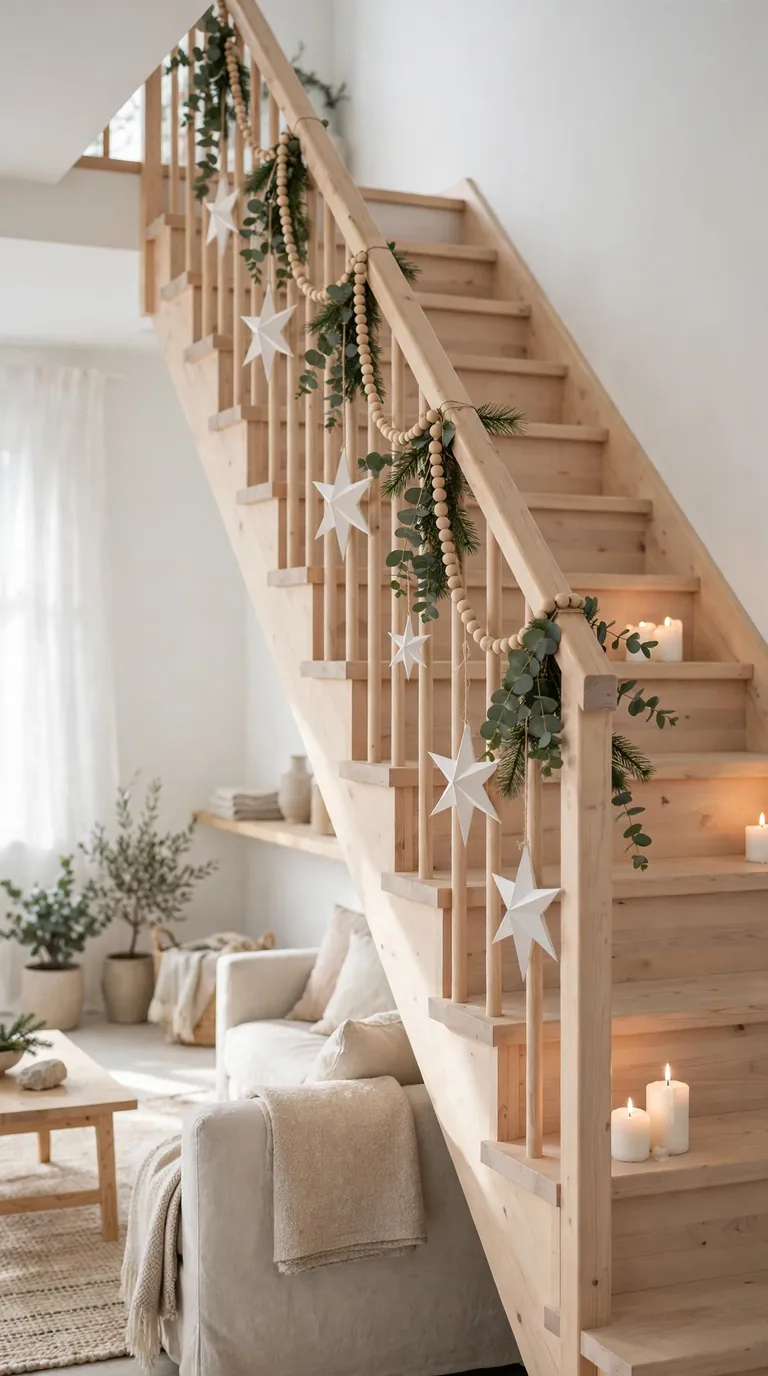 Scandinavian minimalist staircase with sparse eucalyptus sprigs, white paper stars and wooden bead garlands on light wood