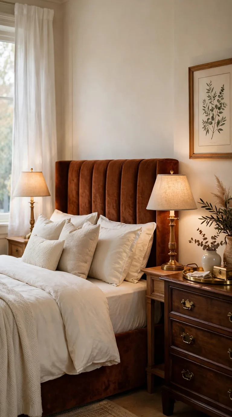 Elegant guest room with burnt sienna velvet headboard and ivory bedding