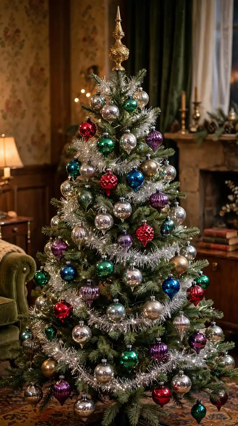 Christmas tree with vintage mercury glass ornaments in jewel tones