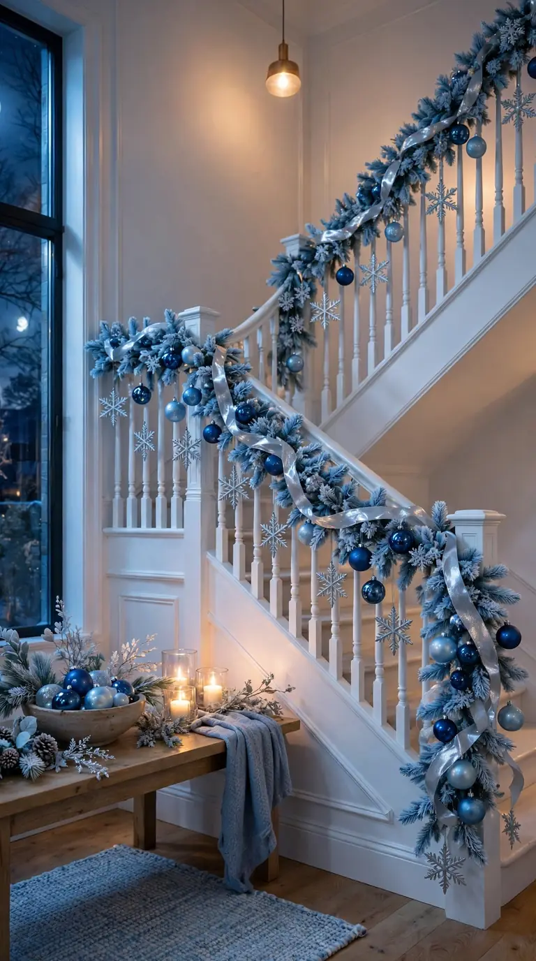 Staircase with frosted blue garland, silver snowflakes, blue glass baubles and shimmering ribbon on a white banister