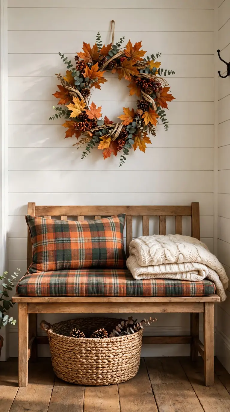 Entryway bench dressed with a plaid cushion and chunky knit throw for Thanksgiving guests
