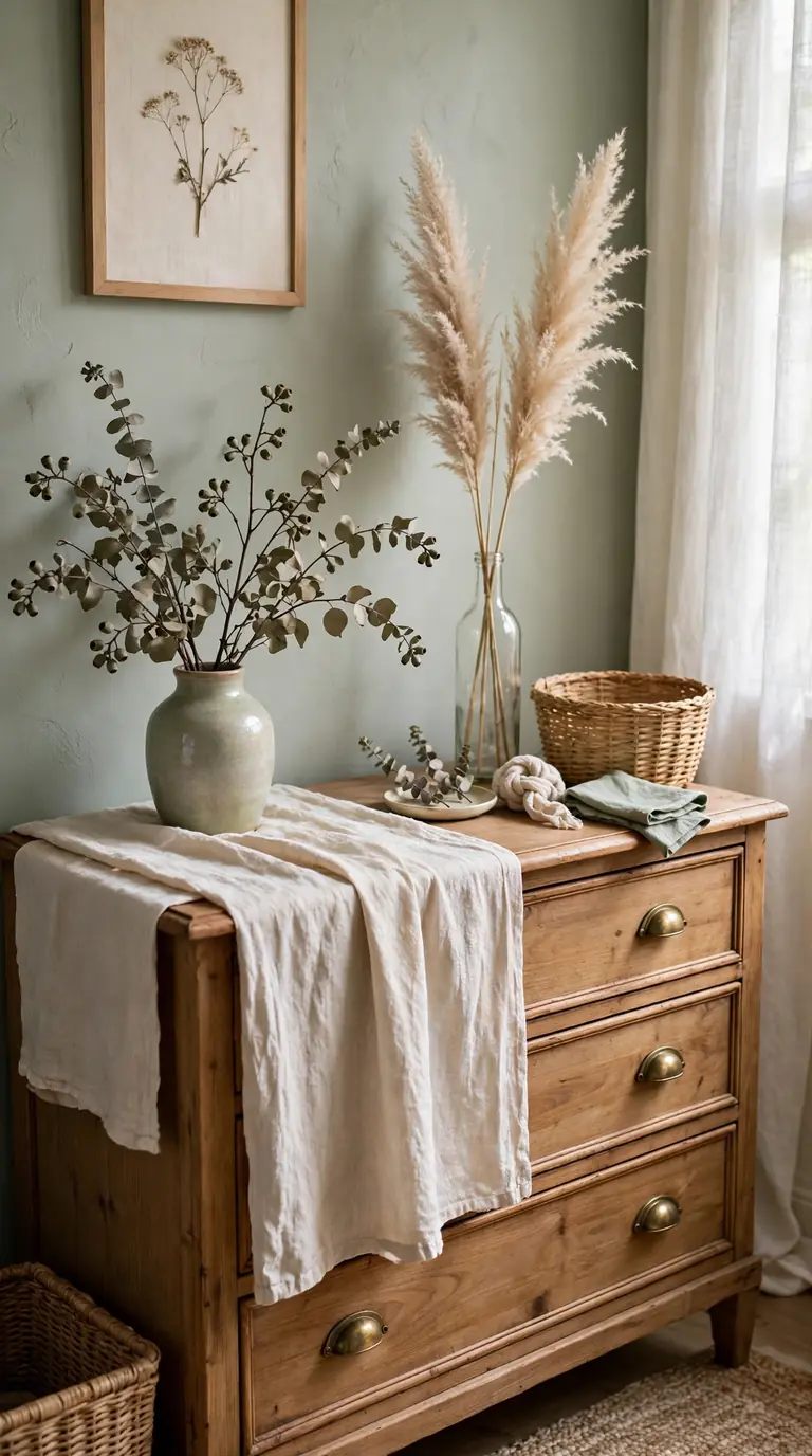 Guest room dresser with dried eucalyptus in a ceramic vase and woven basket