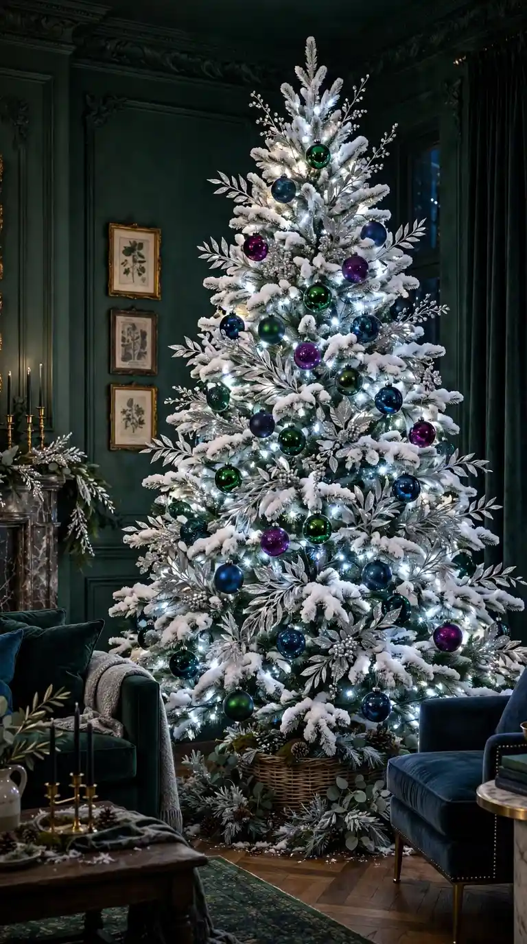 Snow-flocked Christmas tree with emerald, sapphire and amethyst ornaments