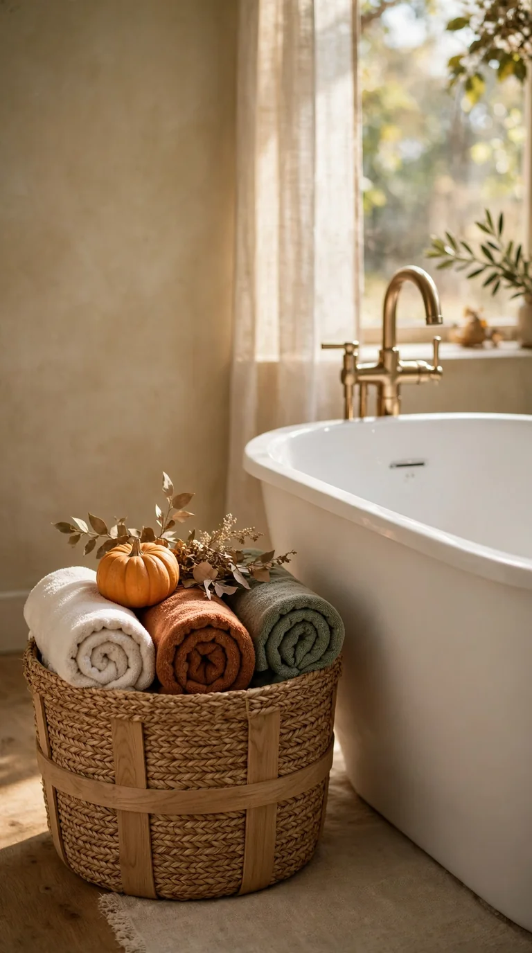 15 Thanksgiving Bathroom Decor Ideas for a Warm Festive Welcome Woven basket of rolled cream and rust towels with a mini pumpkin on top in a Thanksgiving bathroom
