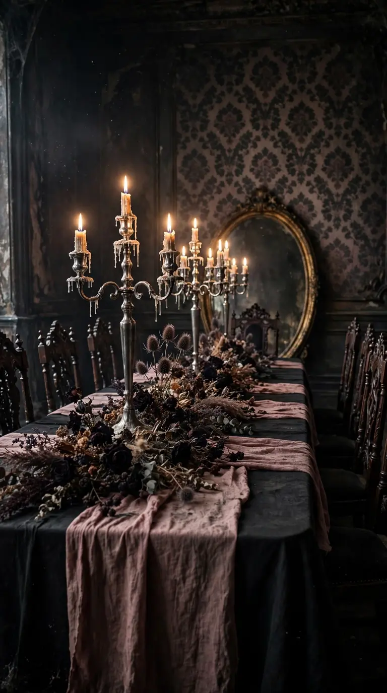 Haunted mansion Halloween dining table with silver candelabras and dusty rose linens