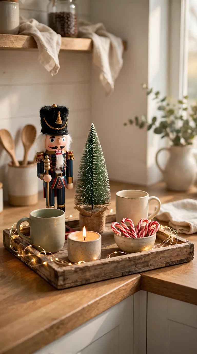 Kitchen coffee bar styled with a nutcracker figure on a wooden tray beside mugs and fairy lights
