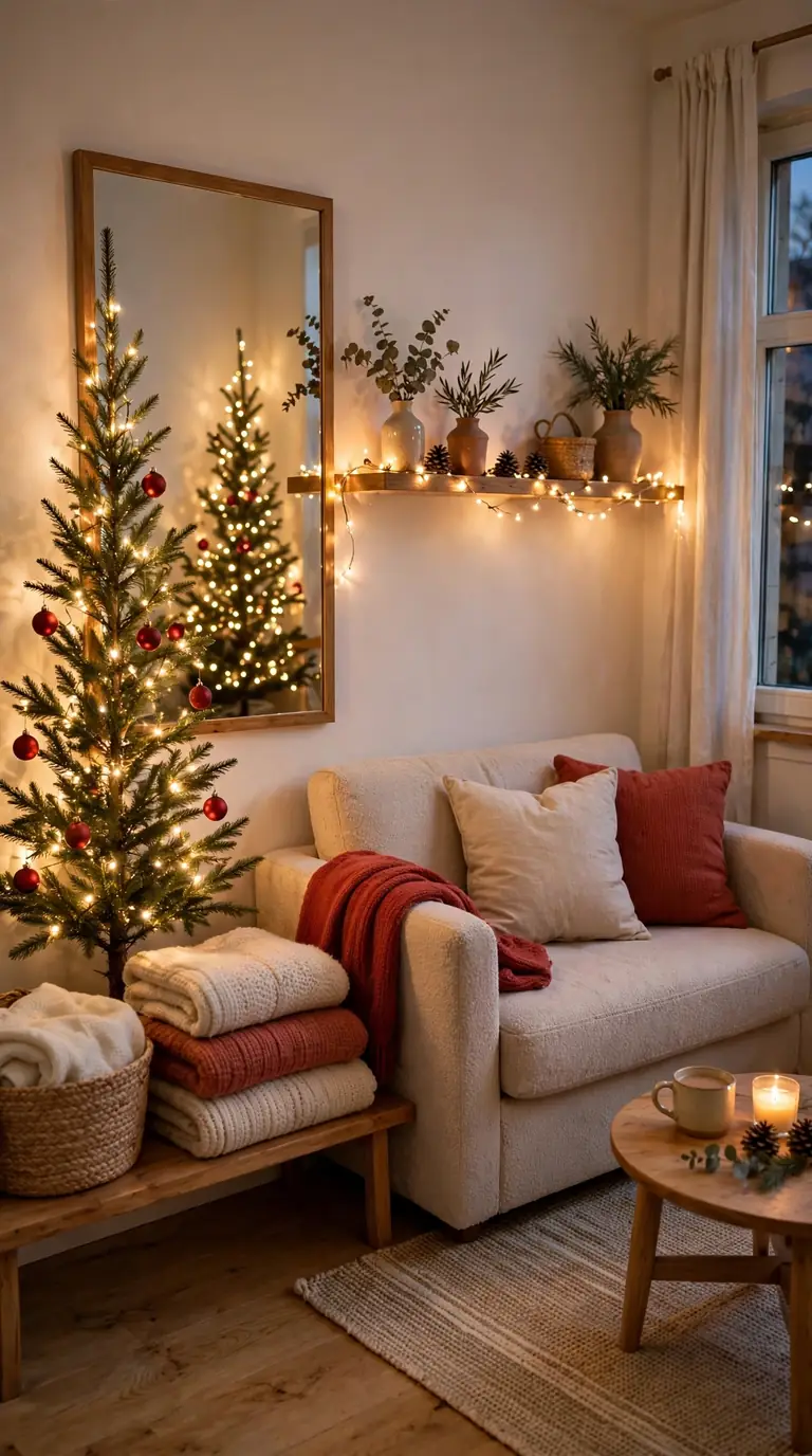 Small room christmas living room decor with tall slim tree