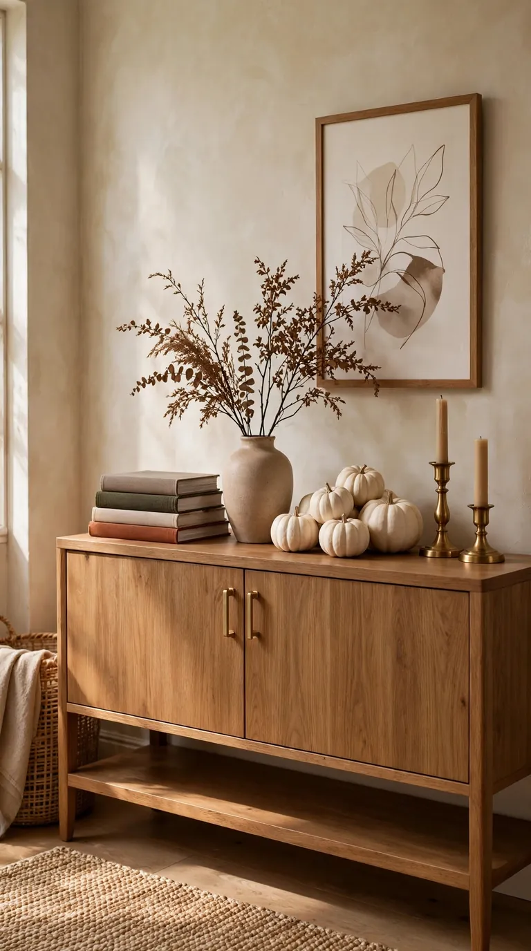 Sideboard styled with white pumpkins, dried branches and brass candleholders