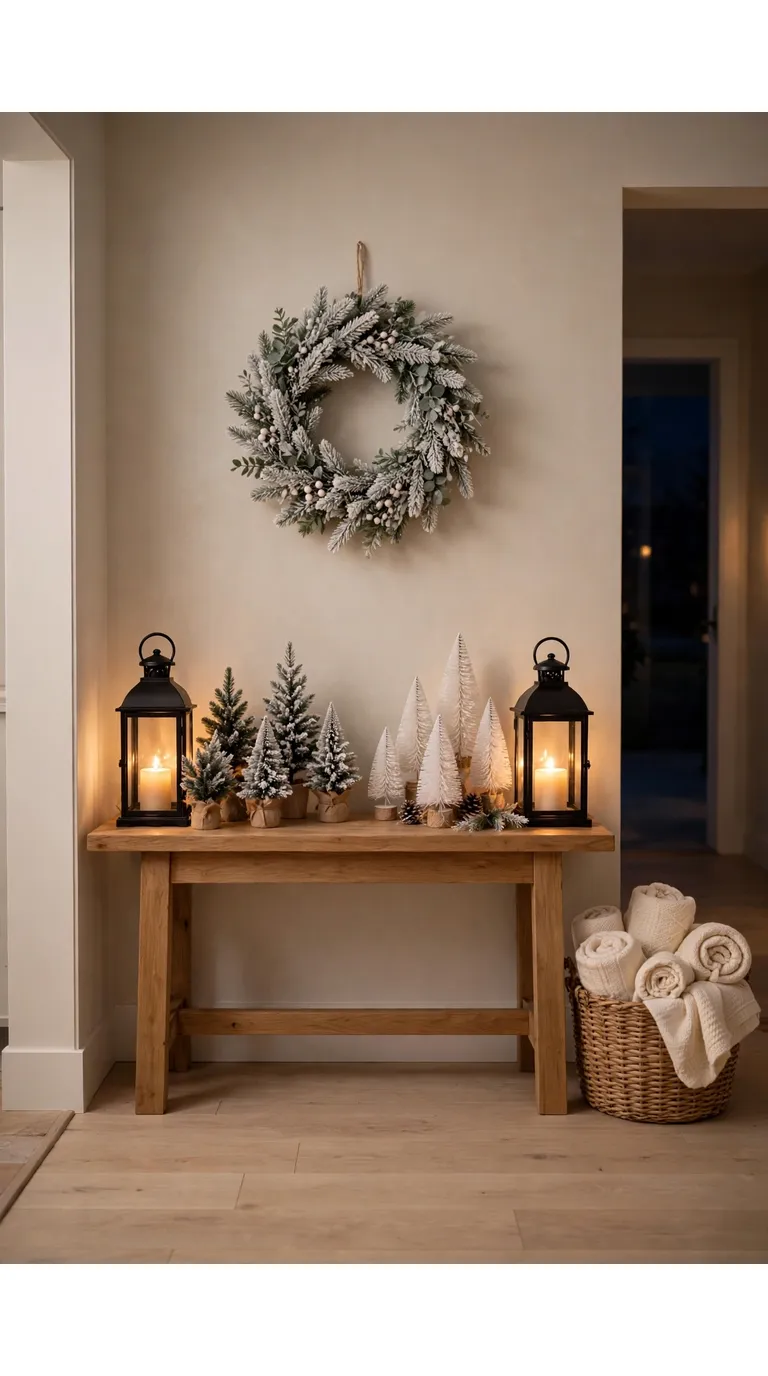Christmas entryway with glowing lanterns, small white flocked trees and frosted wreath