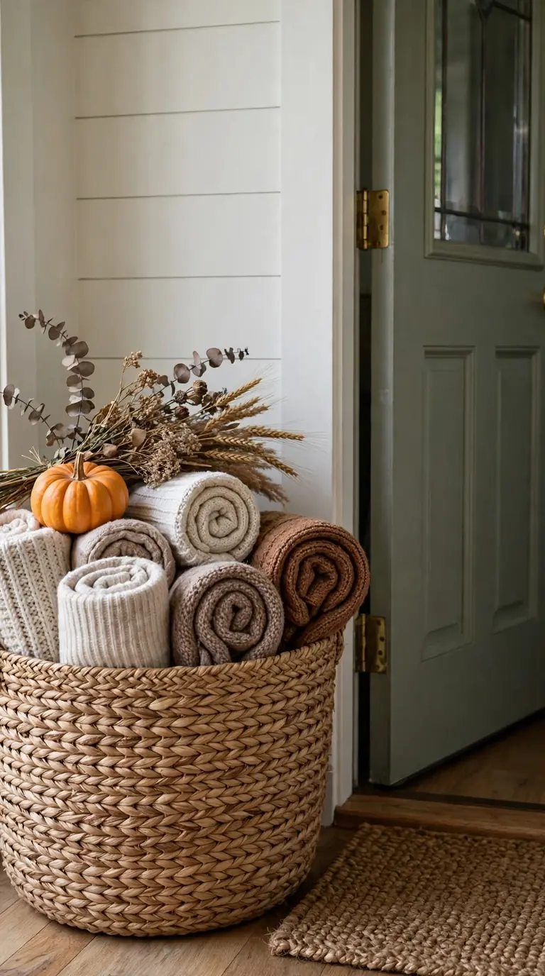 Woven basket filled with rolled throws beside a Thanksgiving entryway door