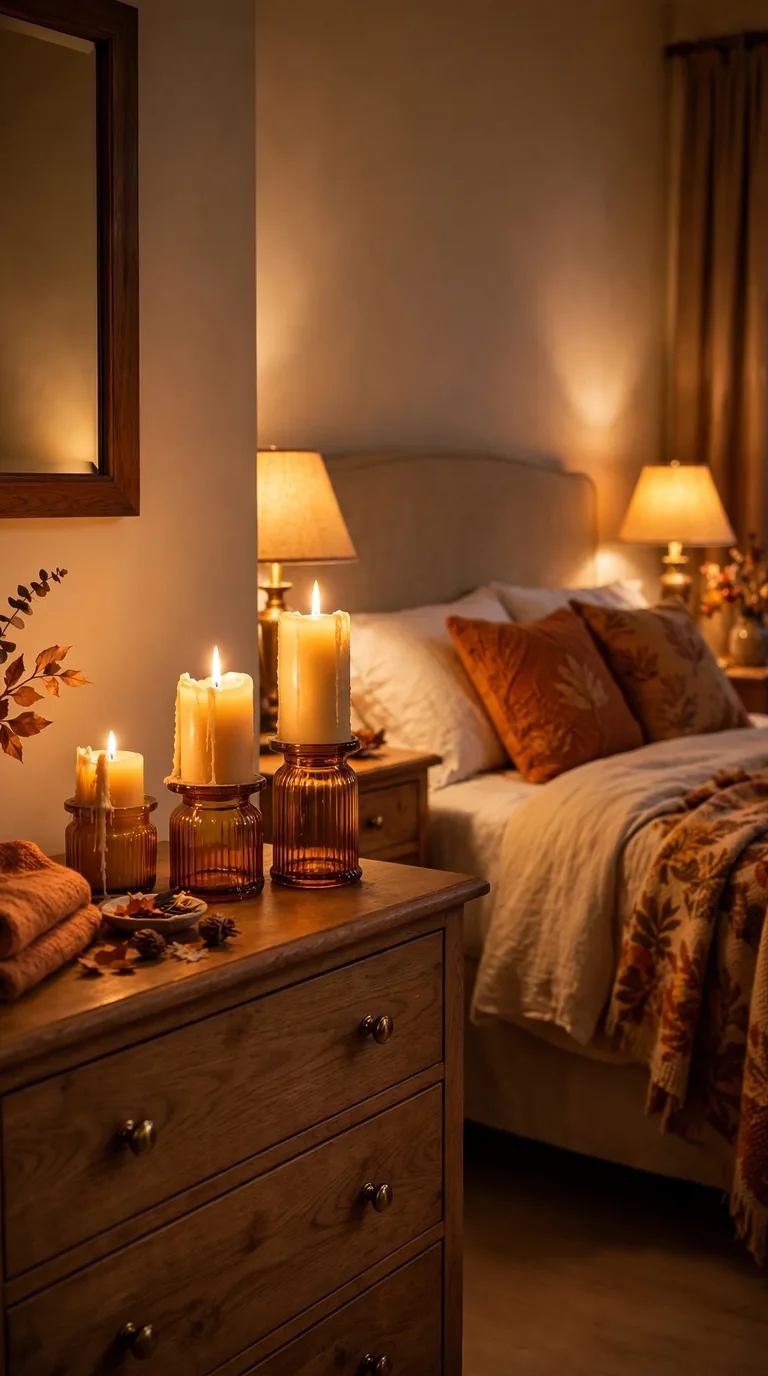 Guest room glowing with battery candles on the dresser and warm bedside lamps