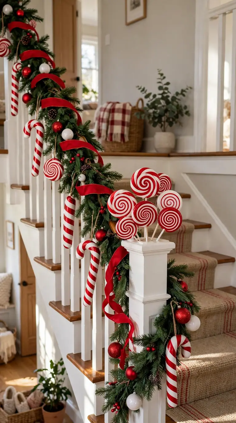 Playful candy cane themed staircase with oversized red and white striped ornaments, ribbon spirals and red baubles
