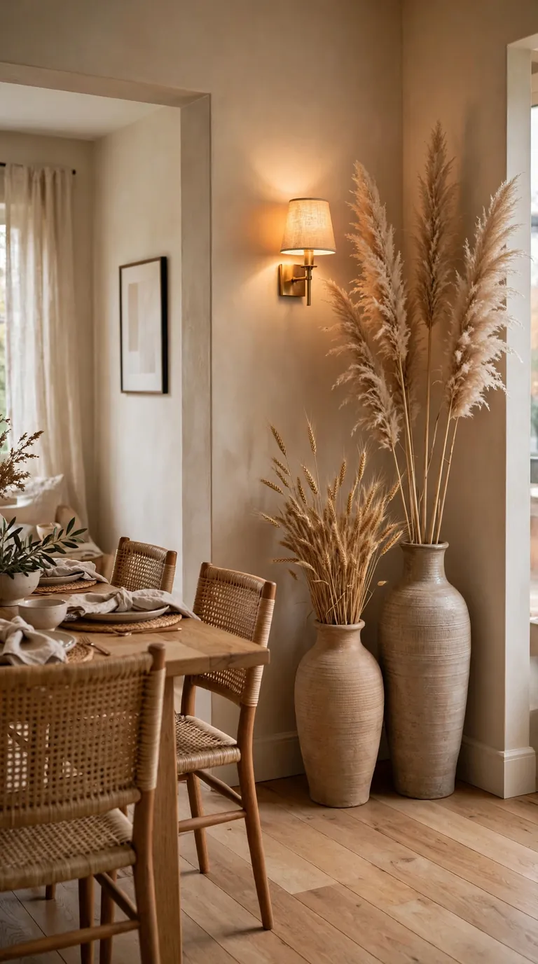 Tall vases of dried wheat and pampas grass in a dining room corner