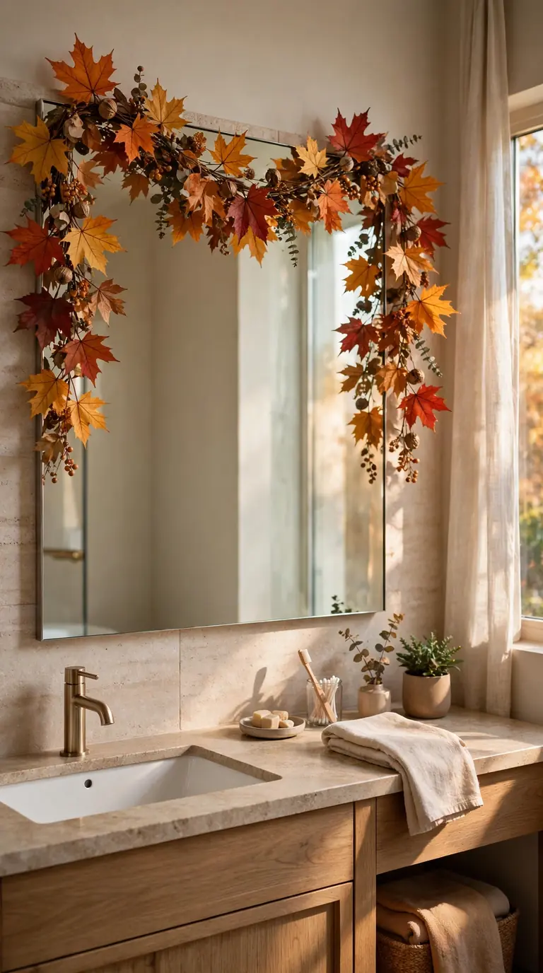 15 Thanksgiving Bathroom Decor Ideas for a Warm Festive Welcome Autumn leaf garland in orange and gold draped around a bathroom mirror for Thanksgiving