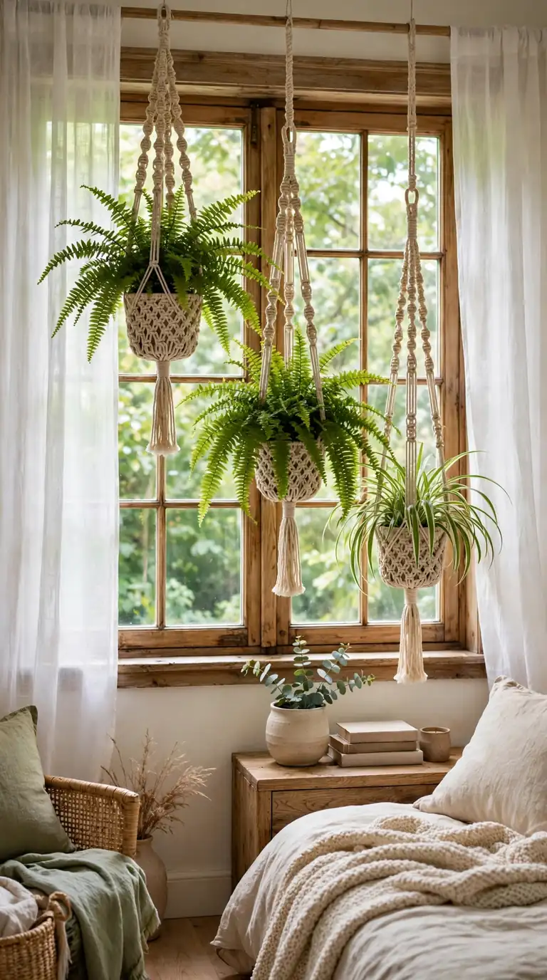 Macrame hanging planters with ferns beside bright bedroom window