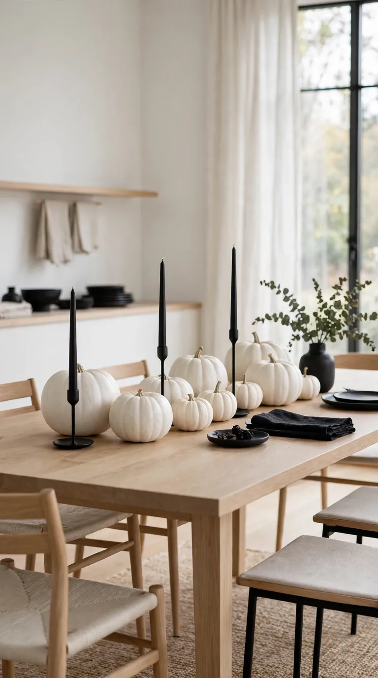 Modern minimal Halloween dining room decor with white pumpkins on a light oak table