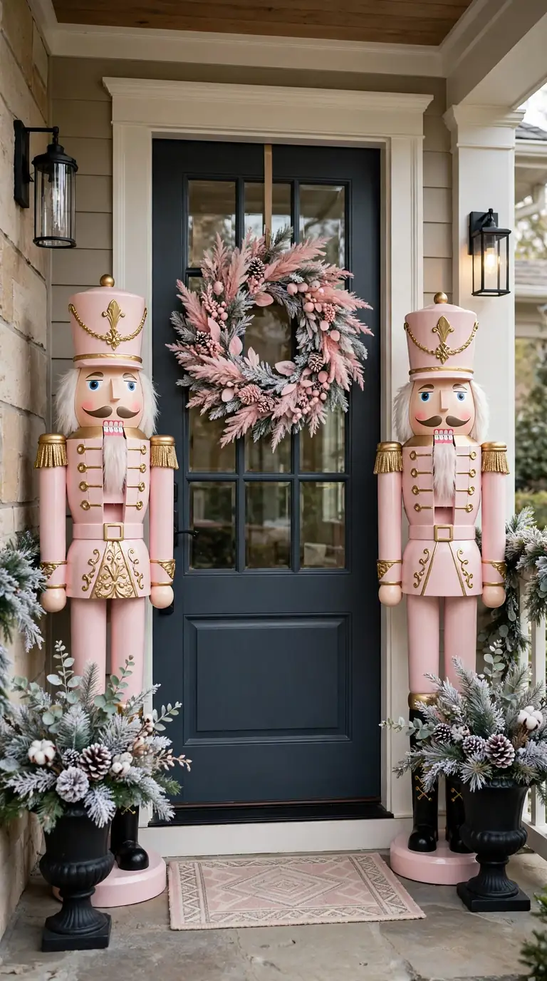 Oversized statement-color nutcracker figures flanking a front porch with frosted greenery planters