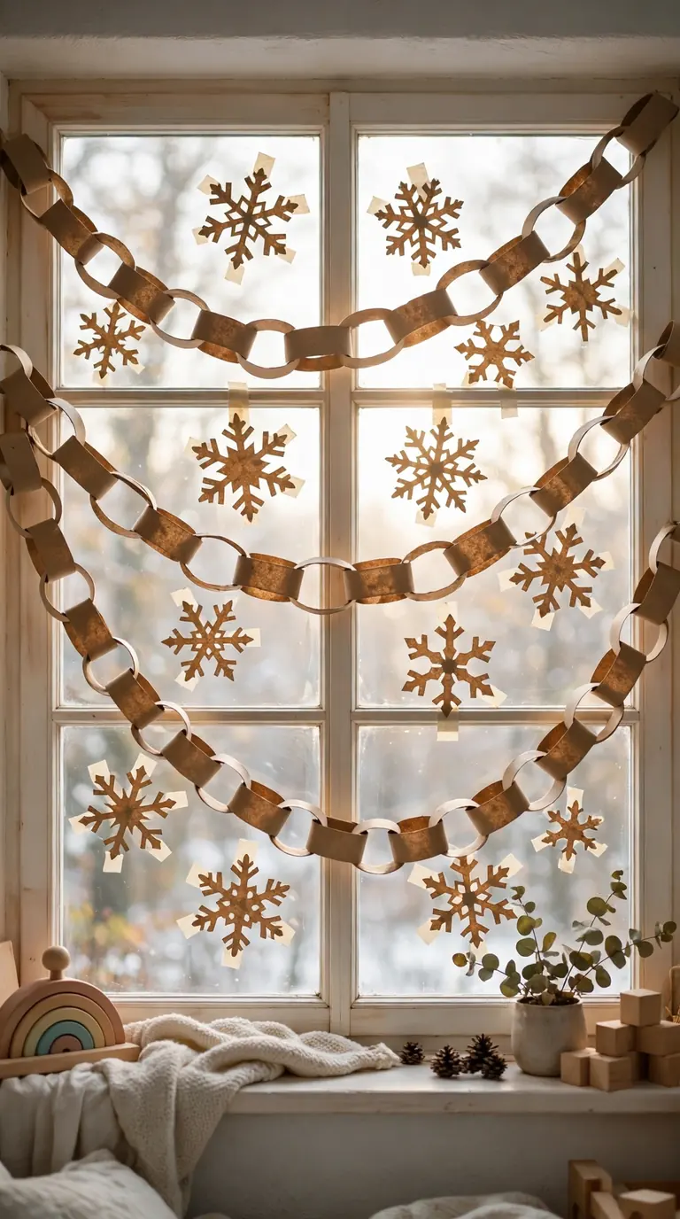 Handmade paper chains and cut-out paper snowflakes from recycled kraft paper on a window