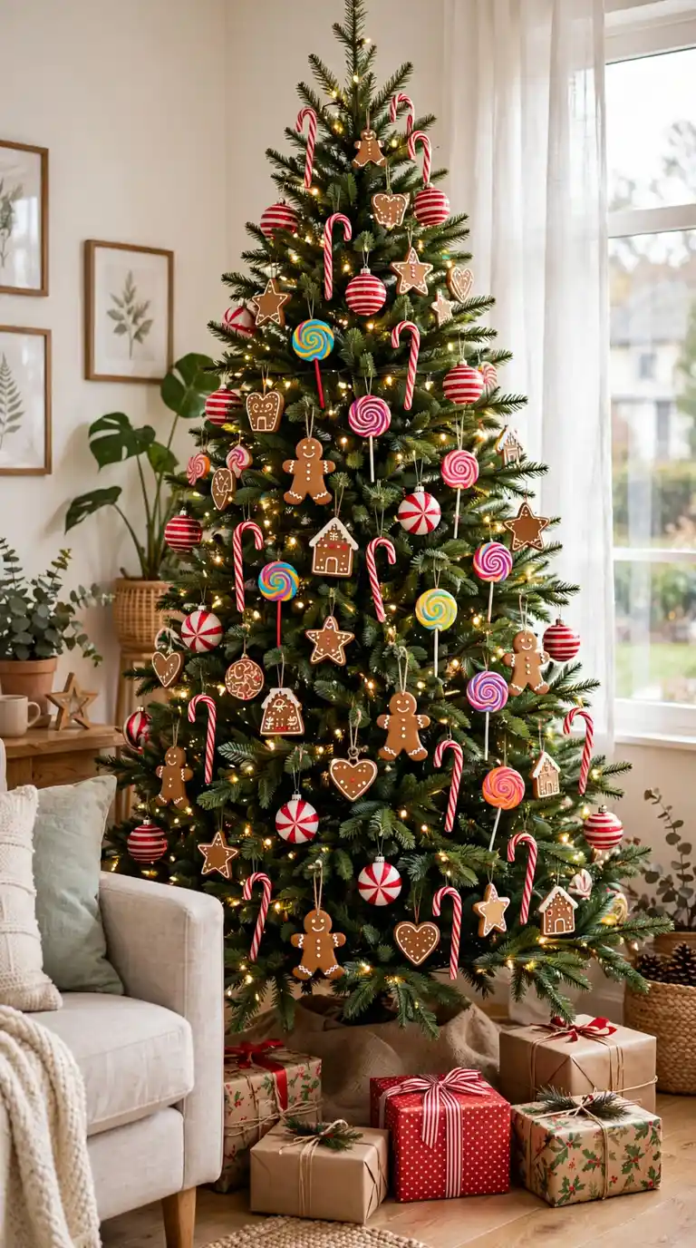 Family Christmas tree with candy canes, striped baubles and gingerbread ornaments