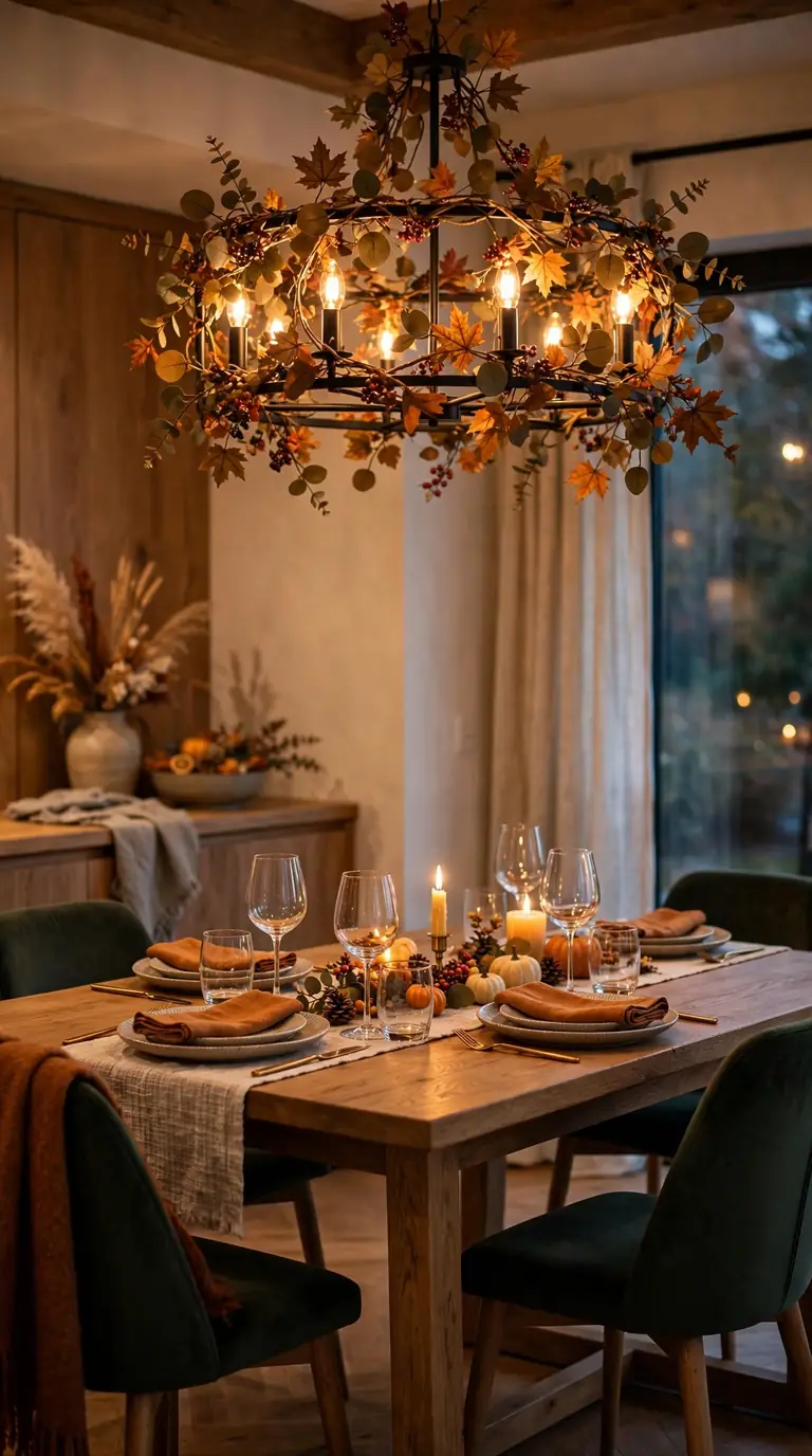 Dining room chandelier wrapped in autumn vines glowing over the table