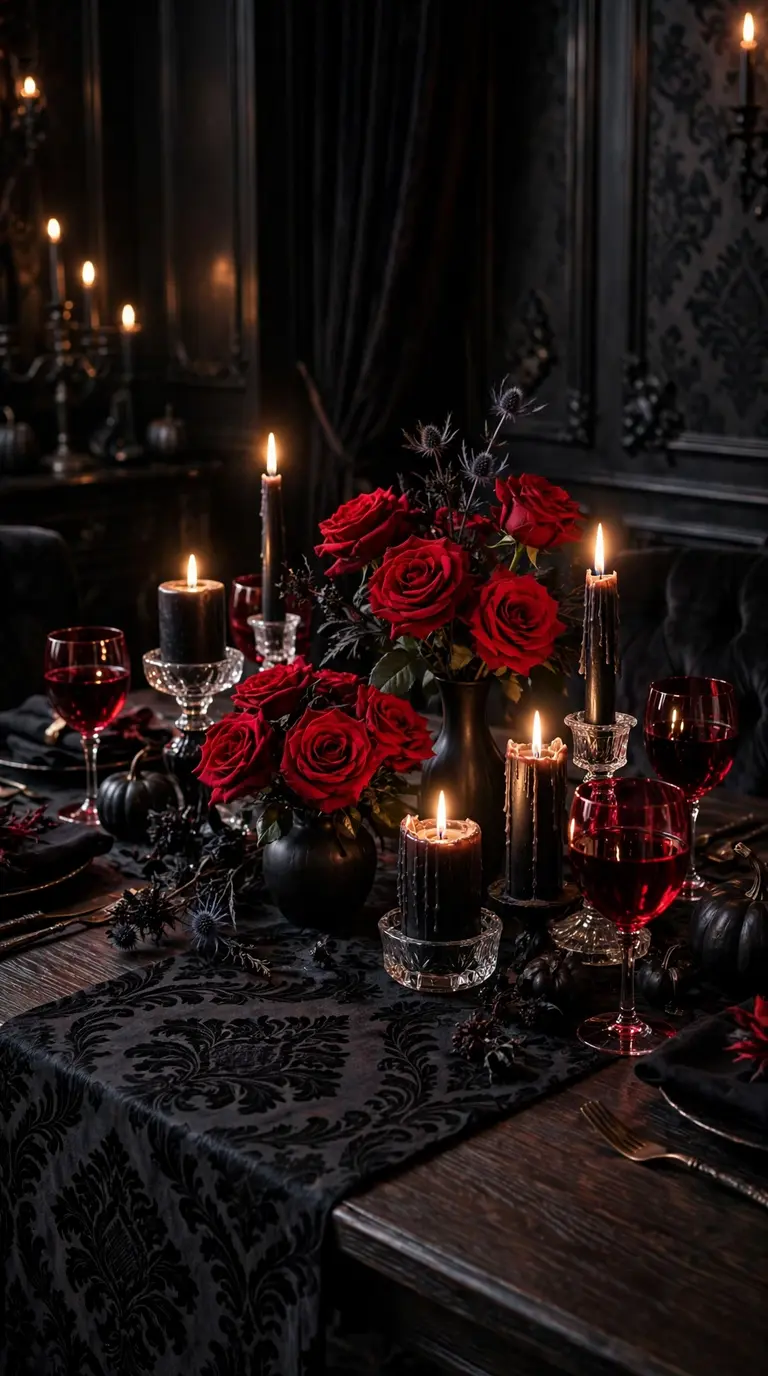 Crimson and black gothic Halloween tablescape with red roses and black candles