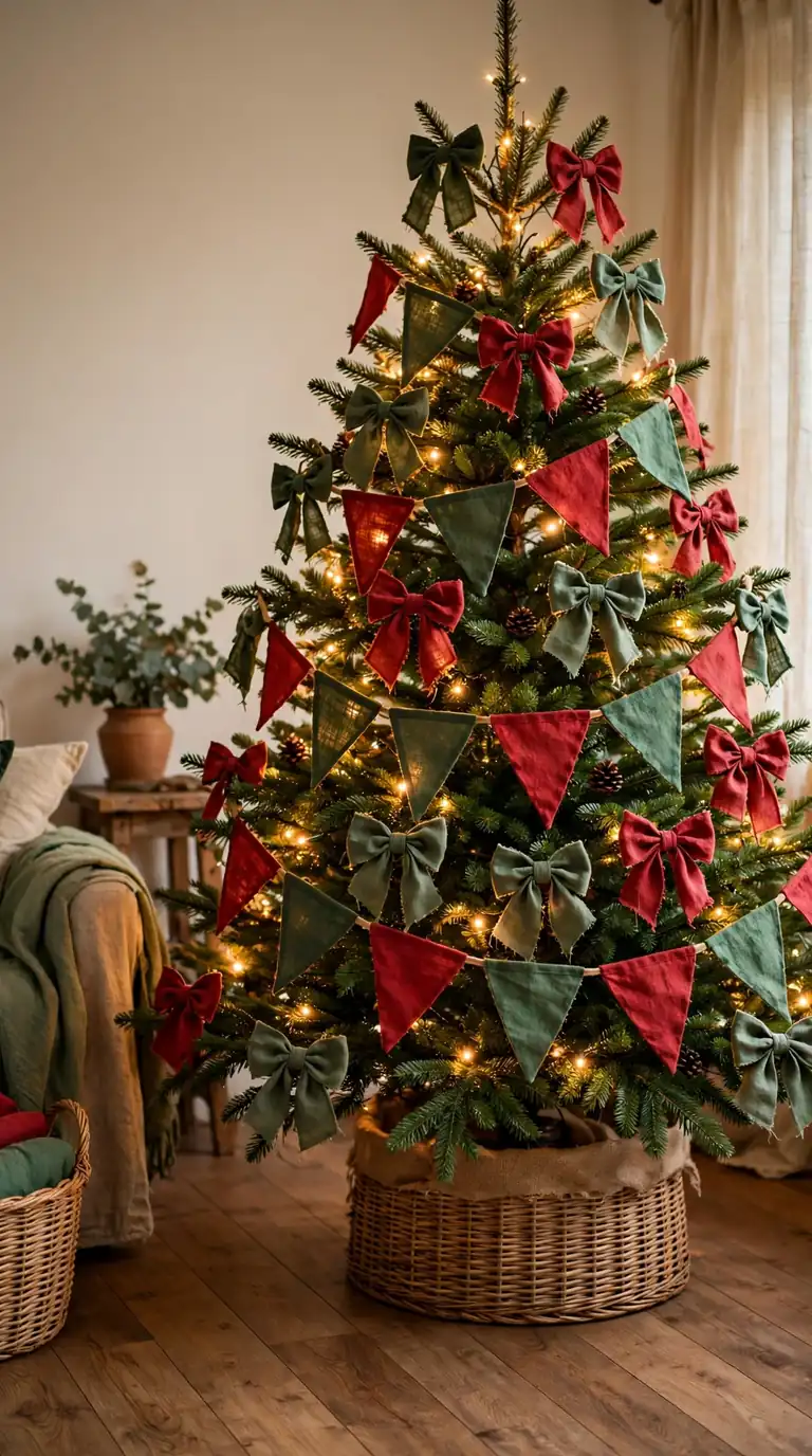 Christmas tree decorated with reusable red and green fabric bunting and cloth bows