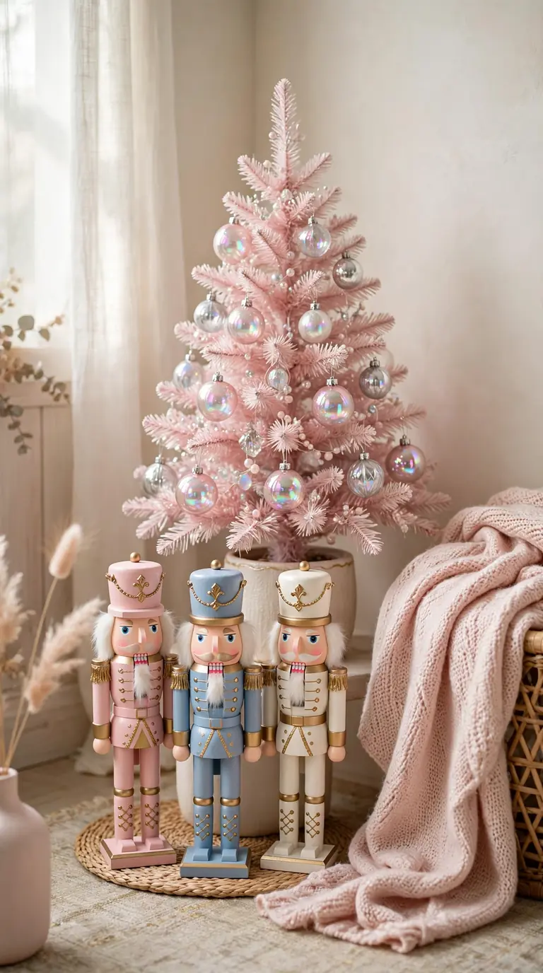 Pastel pink and powder blue nutcracker figures grouped around a small blush Christmas tree in a cozy corner