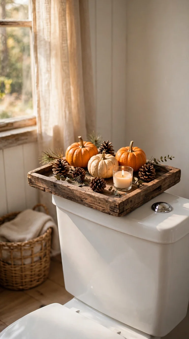 15 Thanksgiving Bathroom Decor Ideas for a Warm Festive Welcome Rustic wooden tray with mini pumpkins, a candle and pinecones on a bathroom toilet tank