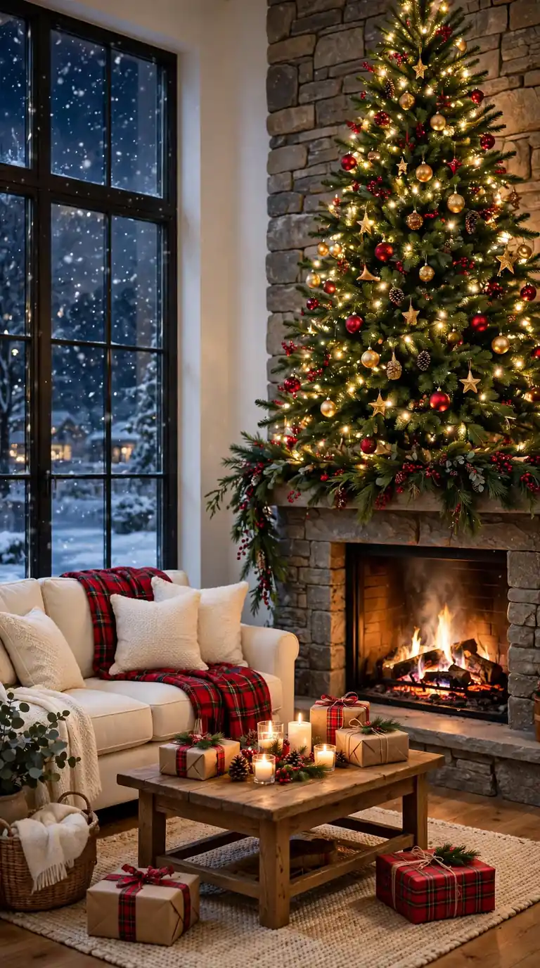 Cozy christmas living room decor with glowing tree and fireplace